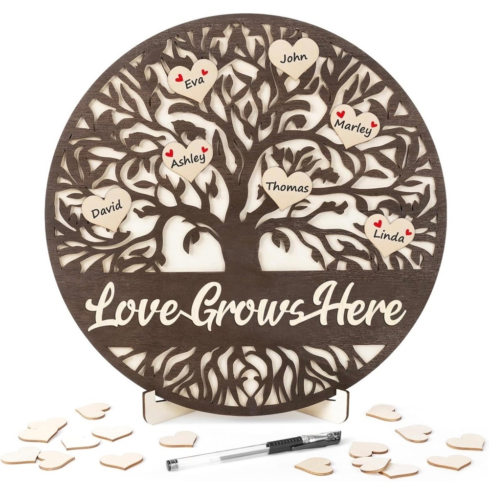 Personalized Family Tree Sign Wooden Hearts Engraved Names Decor Gift